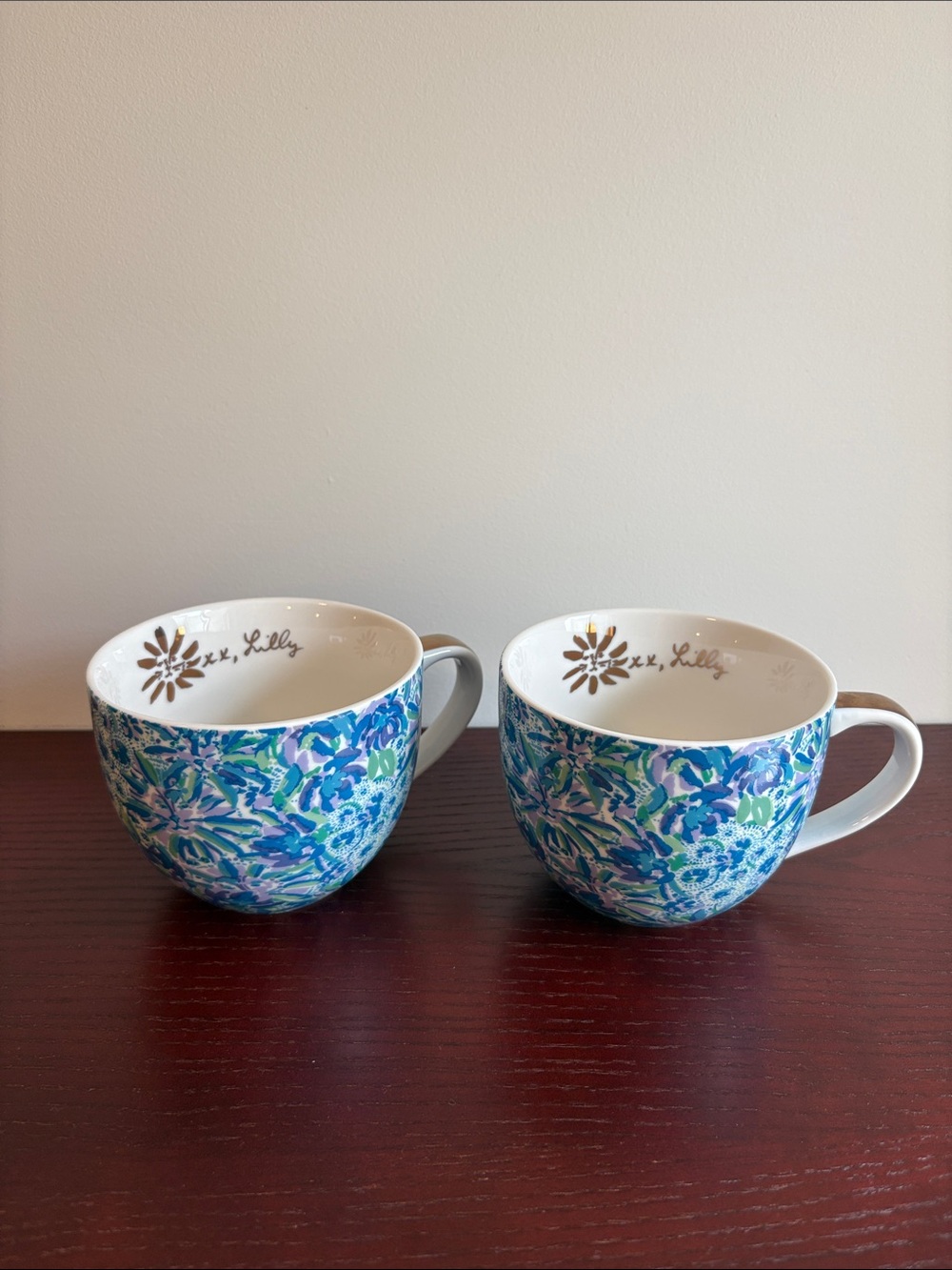 Lilly Pulitzer Blue and Green Floral Ceramic Mugs - Set of 2